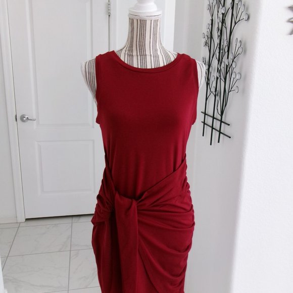 Lillusoxy Stretchy Burgundy Wine Sleeveless Front Tie Ruched Wrap Dress M - Picture 3 of 13